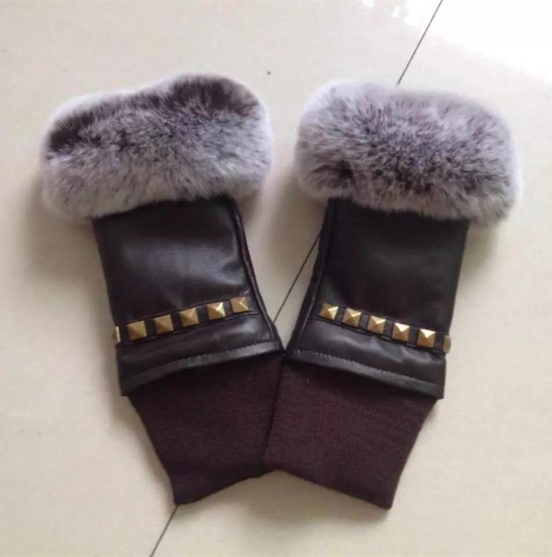 

Plus velvet womens fingerless gloves fashion rivet autumn winter warm ladies rex fur genuine leather glove black brown