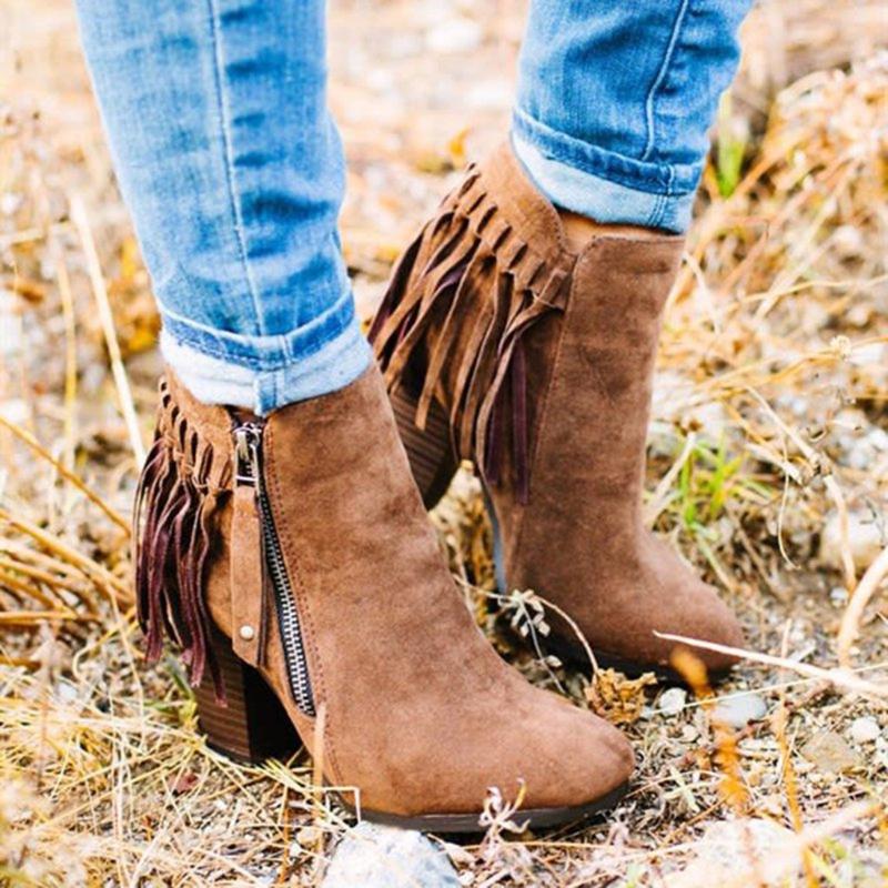 

Concise Leisure Women Autumn Ankle Boots Solid Fringe Flock Vintage Short Boots Round Toe Med Winter Shoes Plus Size, Beige