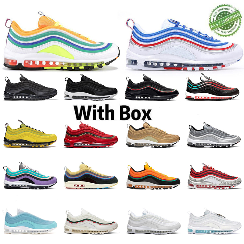 

2020 New Cushion 97S Sneakers Black White Blue Men Women Outdoor Leisure Red Pink Rainbow Shock Absorbing Jogging Shoes 36-45 With Box