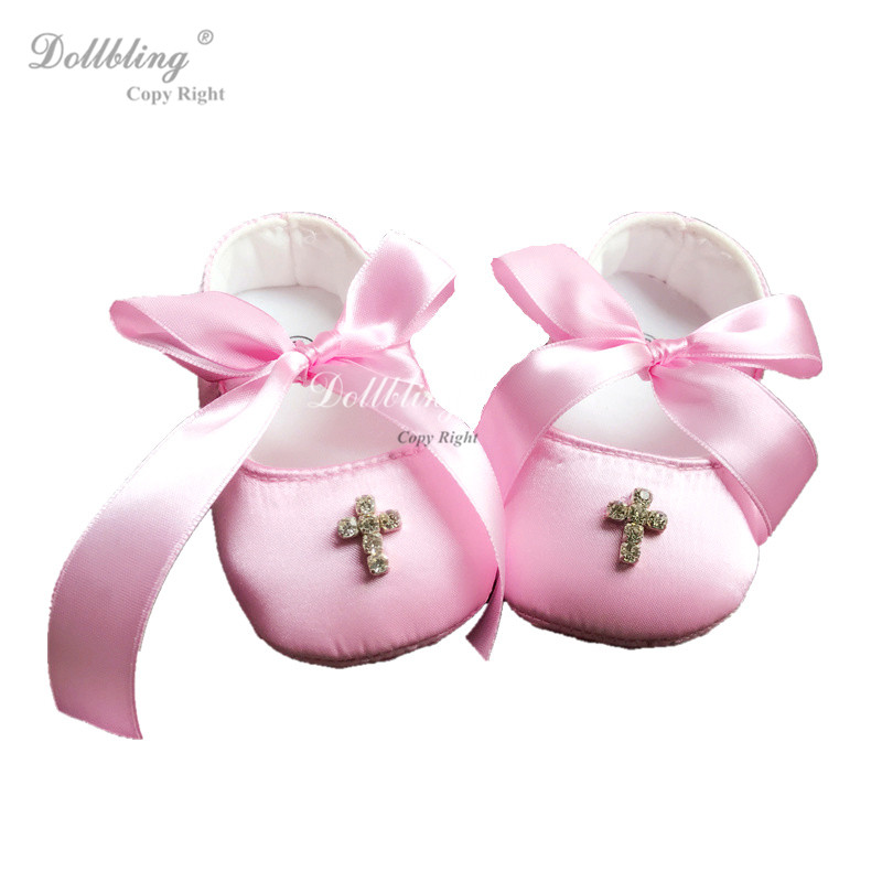 

Dollbling Rhinstones Crucifix Bridal Flower Girl Dazzling Gorgeous Satin Custom Fancy Christening Breakfast At Baby Shoes, Pink