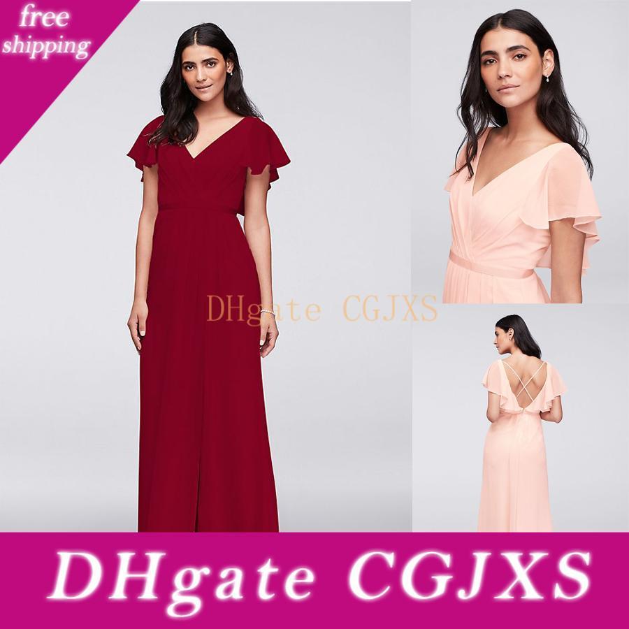 flutter sleeve crinkle chiffon bridesmaid dress