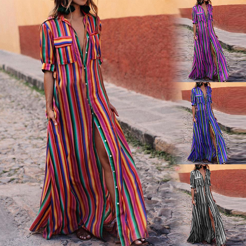 

2020 Women Summer Beach Maxi Dress Sexy High Split Sundress Fashion Colorful Striped Print Boho Long Party Dress Robe, Black;gray