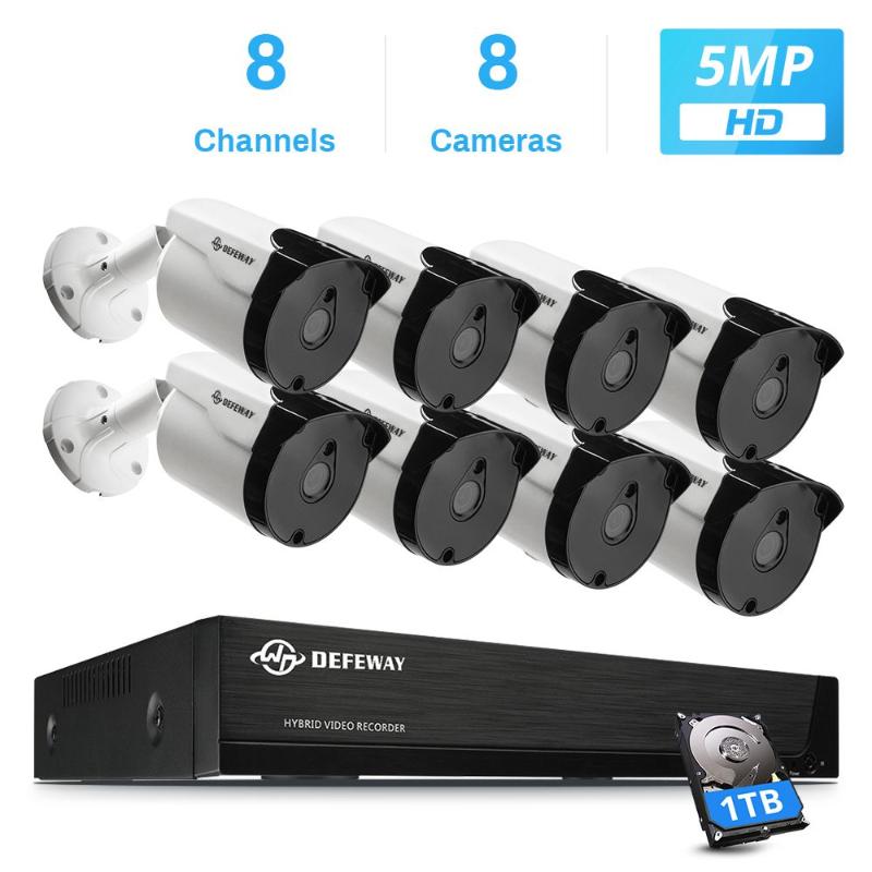 

DEFEWAY 8CH 5MP Video Surveillance Security Camera System H.265+ HD CCTV 8PCS Outdoor Waterproof Camera Night Vision 1TB HDD
