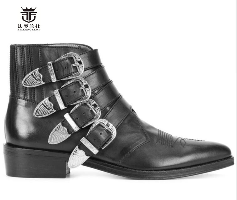 

FR.LANCELOT High end leather Boots fashion real leather boot buckle decoration Men Short med heel rubber sole party men's boots, As pic