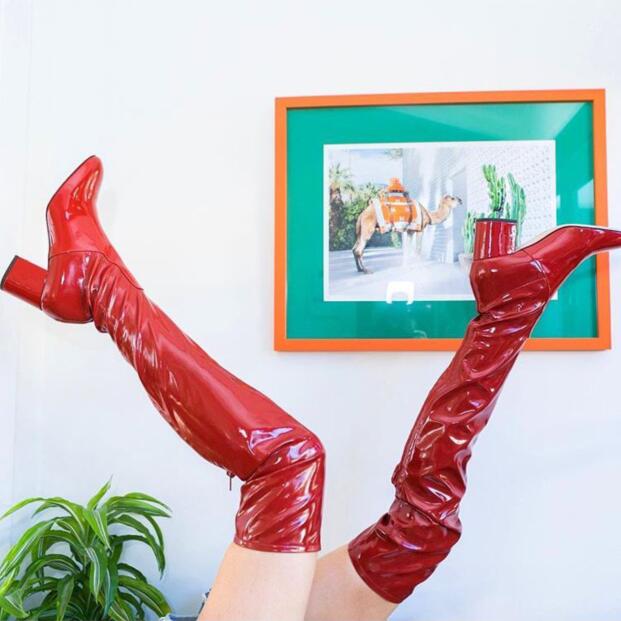 

2020 Spring New Fashion Red Patent Leather Women Over The Knee Boots Round Toe Ladies Fashion Knight Boots Zip Back Thigh, As picture