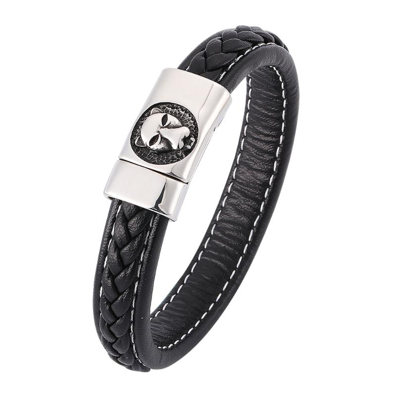 

Creative tiger head stainless steel magnetic buckle men black woven leather bracelet fashion charm bracelet 7-SP0360