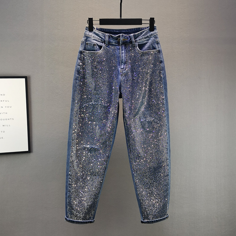 

Elastic Cotton Jeans Women' 2020 Autumn and Winter New European High Waist Loose Full Diamond Daddy Pants Denim Pants Jean Lady, Dark blue