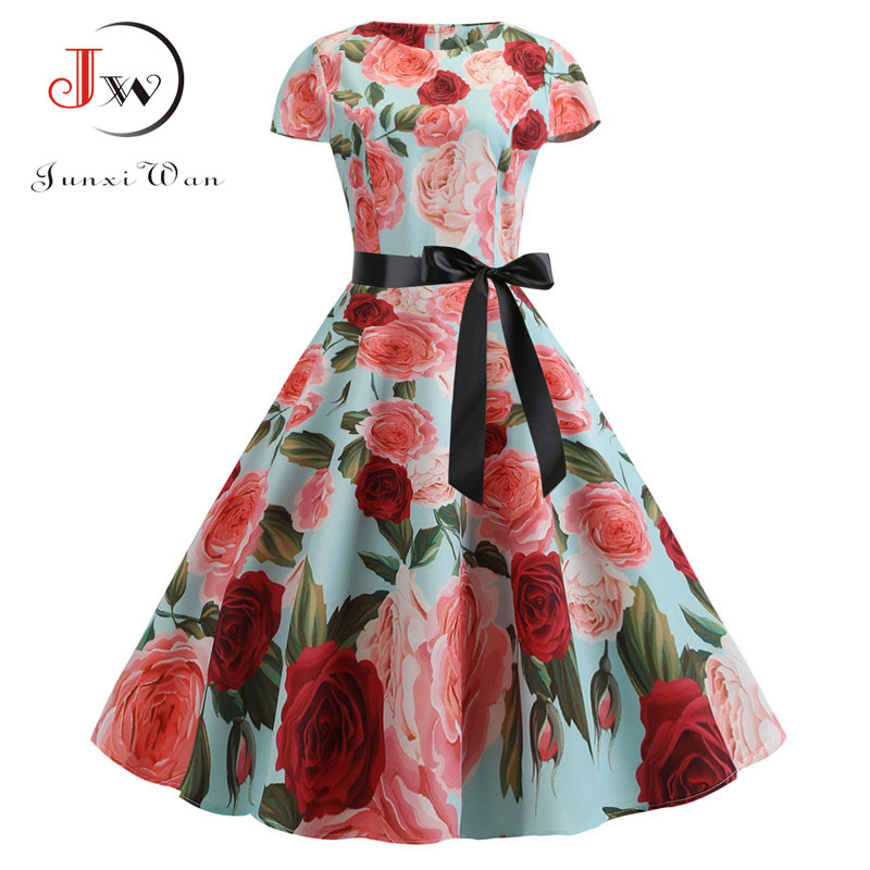 

Summer Women Dress White Retro Robe Vintage Dresses 50s 60s Rockabilly Pin Up Floral Print Swing Dress Vestidos Plus Size, White;black
