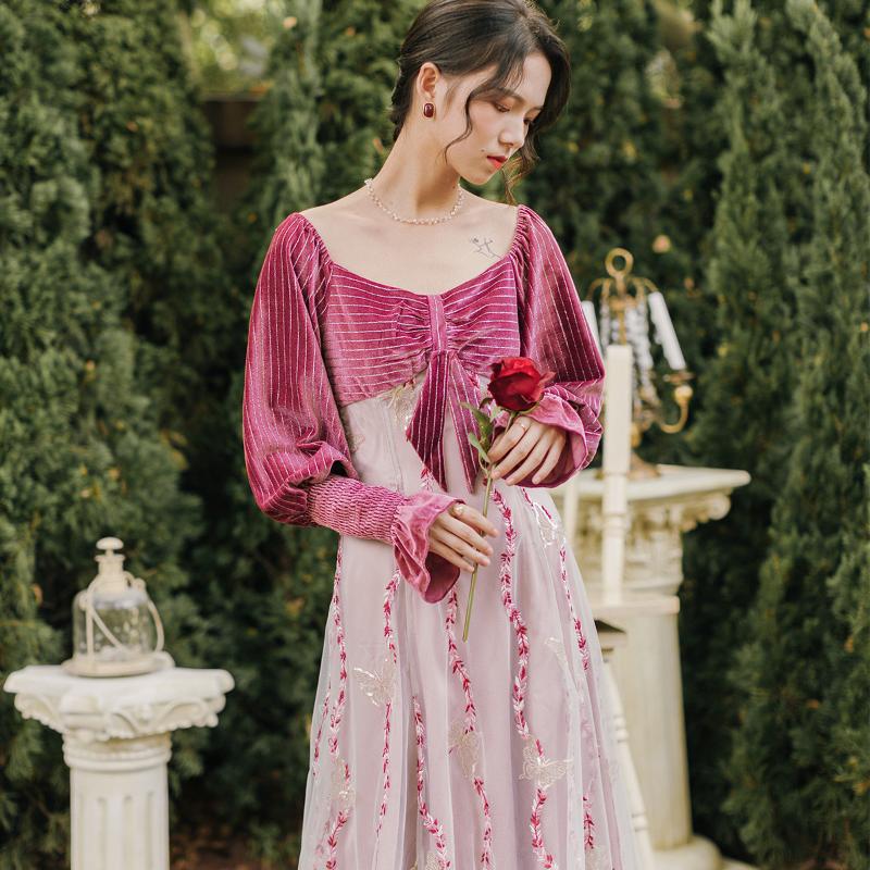 

COIGARSAM Vintage Patchwork Women Long dress Full Sleeve Embroidery Mesh Dresses Purple V5049