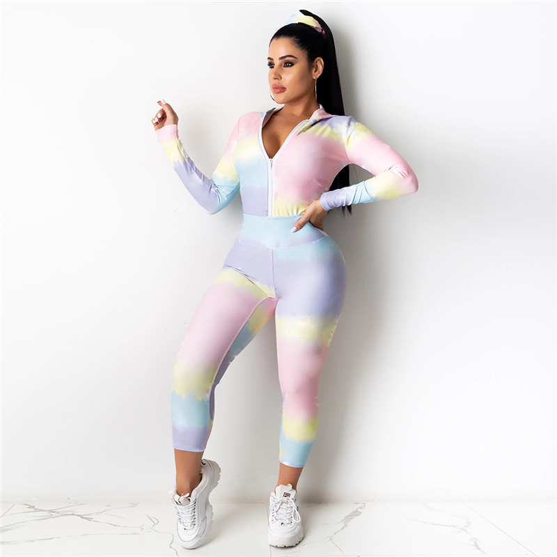 

2020 Women Long Sleeved Sports Suits V-neck Zipper Printed Hoodie Sweatshirts Long Trousers Tracksuits Autumn Casual Outfits