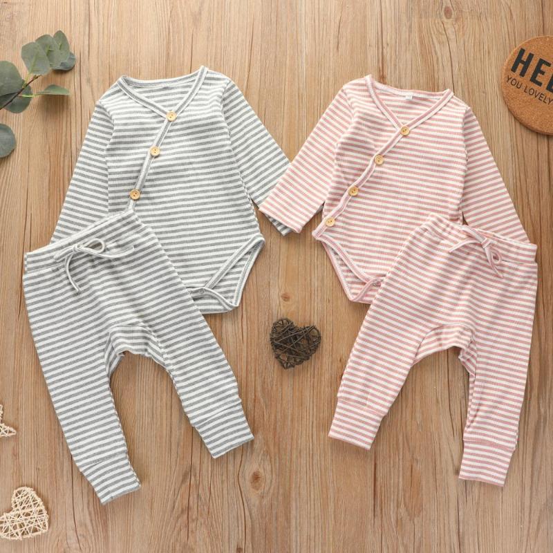 

Newborn Baby Girls Boys Outfit Set Long Sleeve Striped Top Romper Pants Set Kids Baby Spring Autumn Clothing, Gray