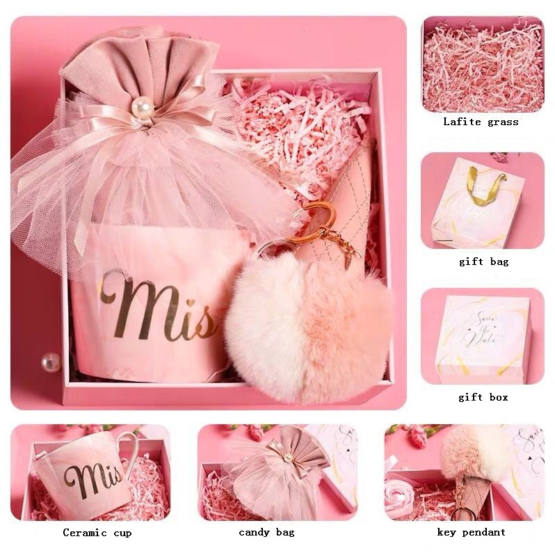 

1set girl birthday Wedding favor and gift bridesmaid mug Ceramic cup pink maid of honor present gift box key pendant