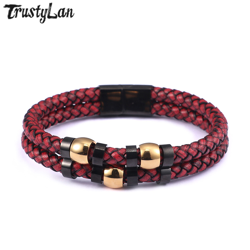 

TrustyLan New Gold Color 316L Stainless Steel Bracelet Men Fashion Woven Leather Wrap Bracelets & Bangles DropShipping Wristband