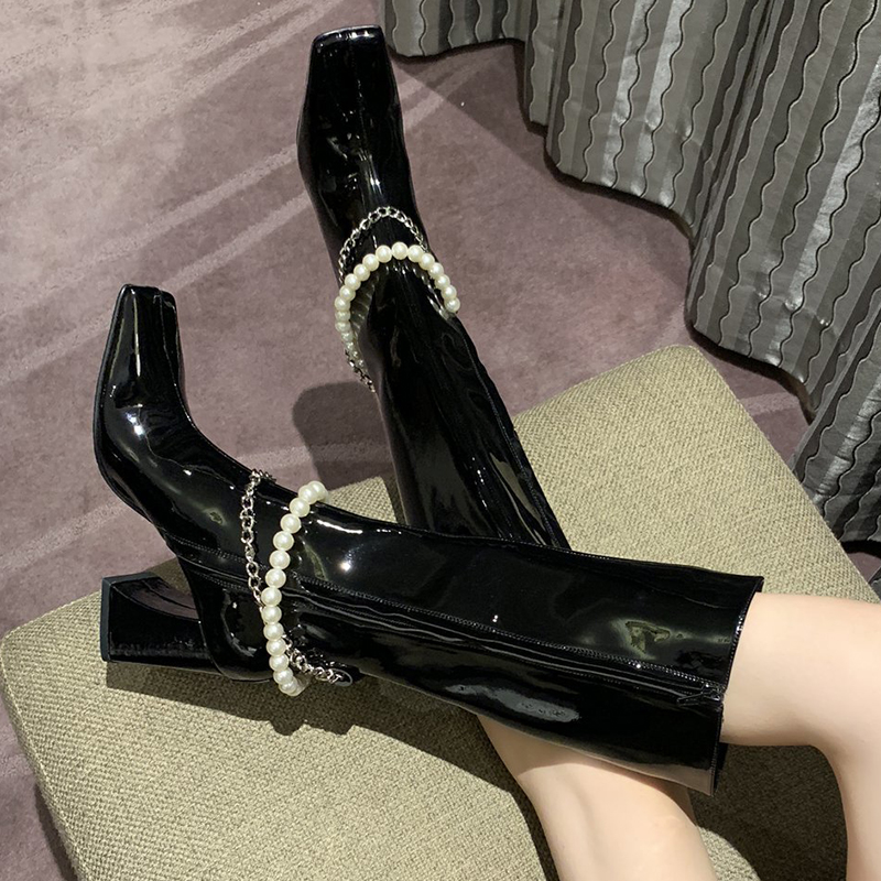 

Fashion Pearl Chain High Heels Boots Women Designer Patent Leather Knee High Boots Woman Sexy Square Toe Long Botas Mujer, Black1