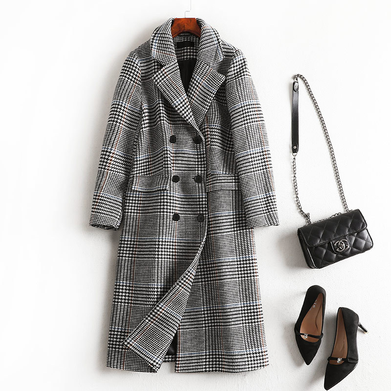 

2020 autumn and winter large size women's fat sister mm was thin woolen coat plaid long, Houndstooth