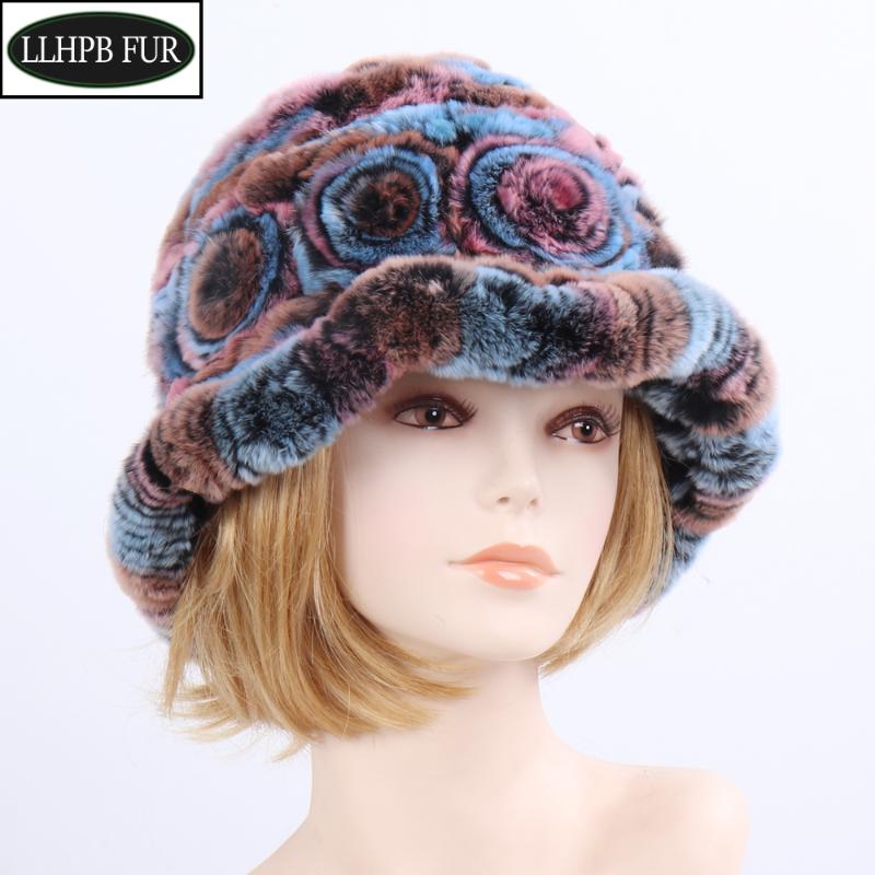 

Women Striped Floral Real Rex Fur Hat Lady Winter Warm Rex Fur Hats Genuine Soft Knit Real Caps, Grey