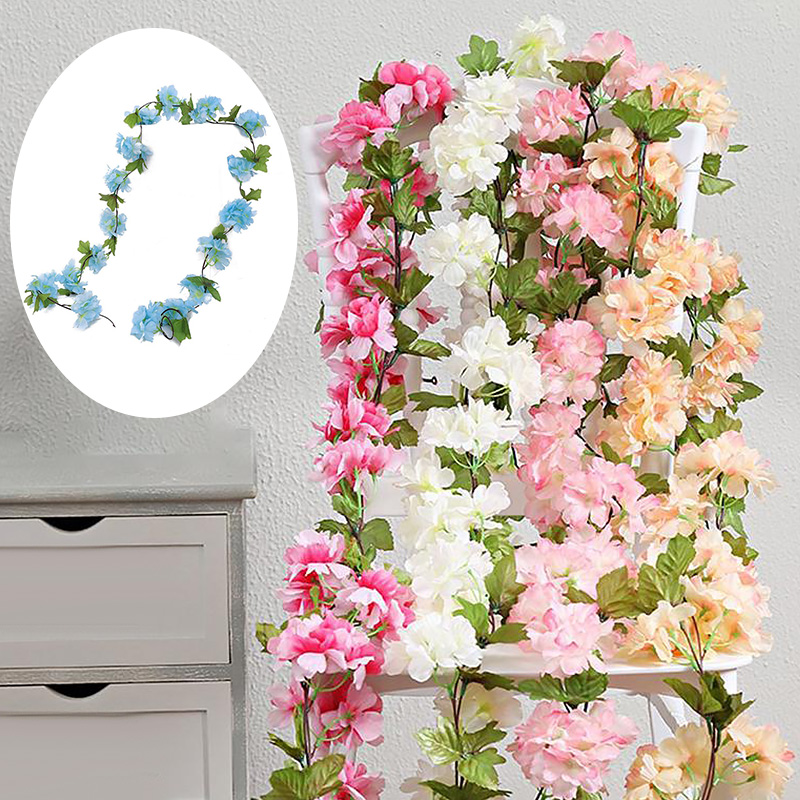 

2.2M Artificial Flowers Cherry Blossom Vine With Green Leaves For Wedding Decor Diy Rattan String Vine Party Home Garden Decor
