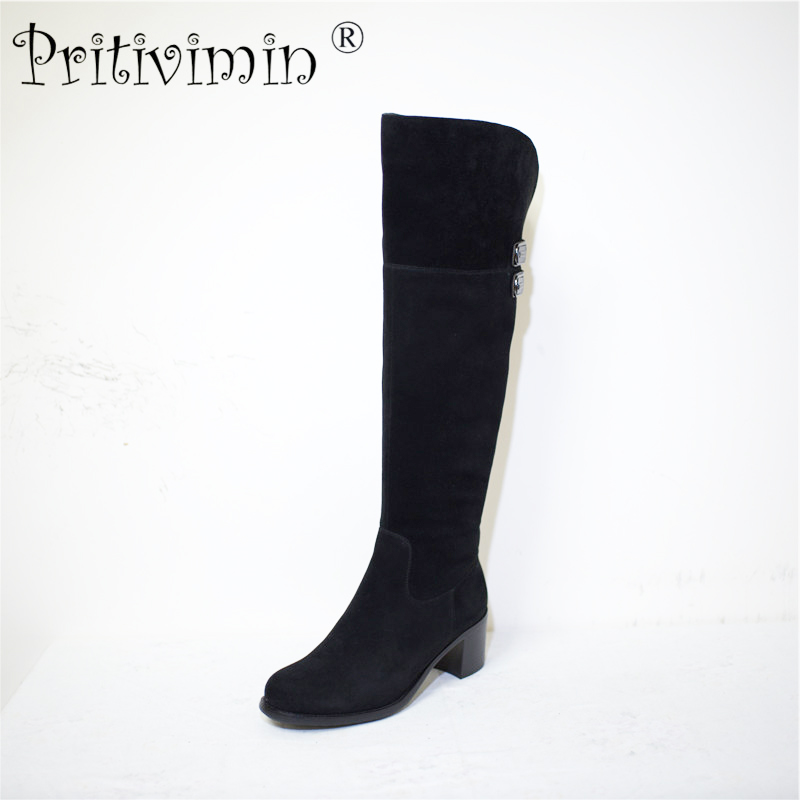 

Pritivimin FN78 Ladies kide suede genuin leather winter women handmade warm real wool lined shoe girls over the knee high boots, Black