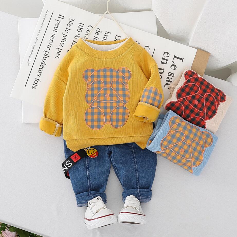 

New Spring Autumn Long sleeve Cotton Baby Boy Outfit For Boy Fashion Grid Bear Tshirt + Jeans 2pcs Children Clothes Set, Beige