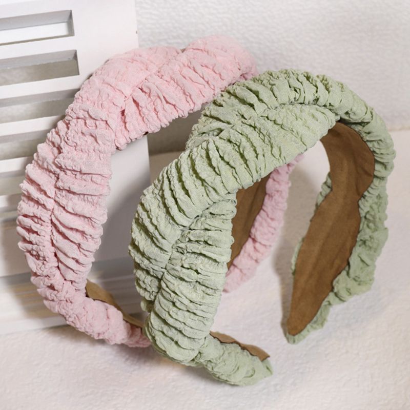 

Women Girl Bubble Wrinkled Bandana Ruffle Twist Braided Wave Wide Headband Sweet Macaron Candy Color Hair Hoop Accessory