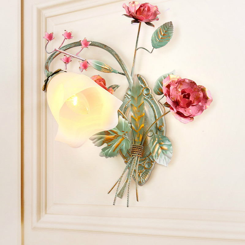 

Korean wrought iron bedside lamp flower and grass mirror front lamp double head single head aisle room wall LB72107