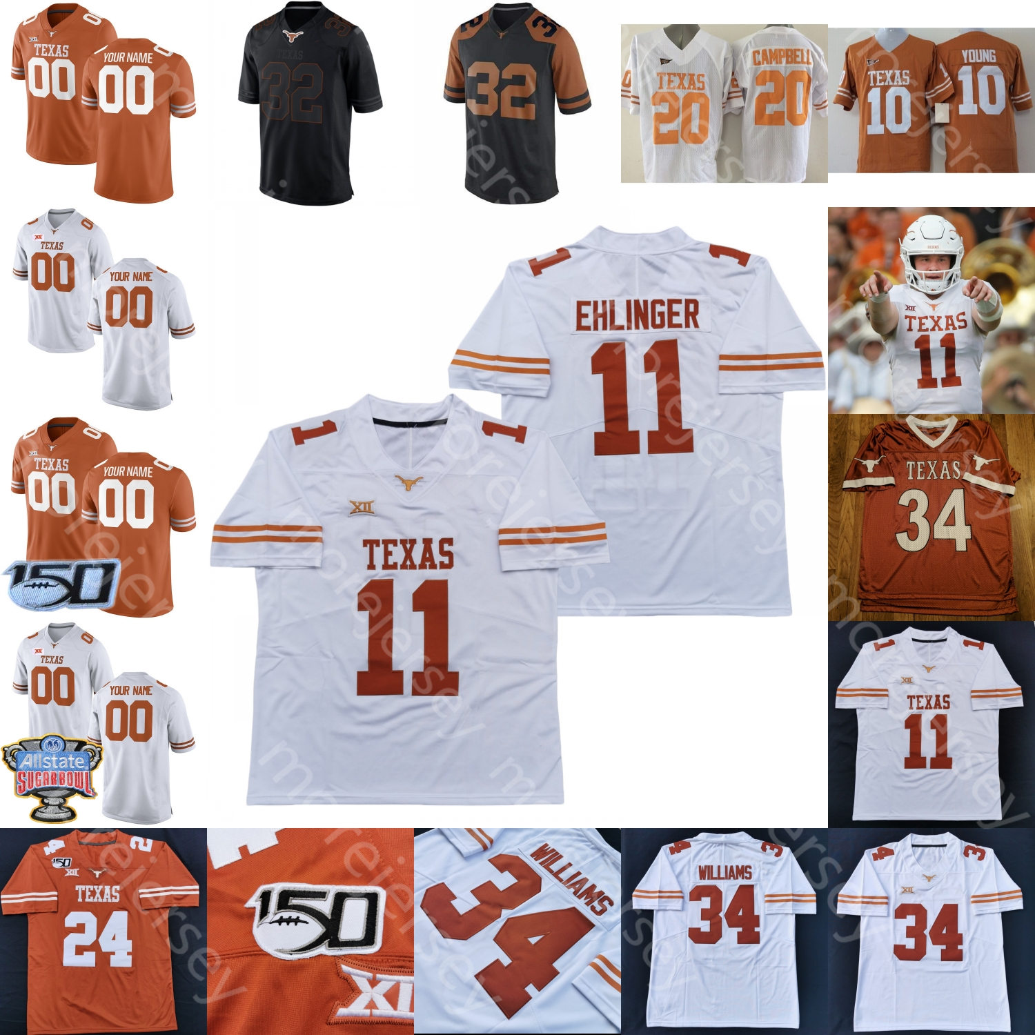 

Texas Longhorns Football Jersey NCAA College Robinson Whittington Moore Tarik Black Schooler Tillman Jr. Sam Ehlinger Ingram Young Johnson, White