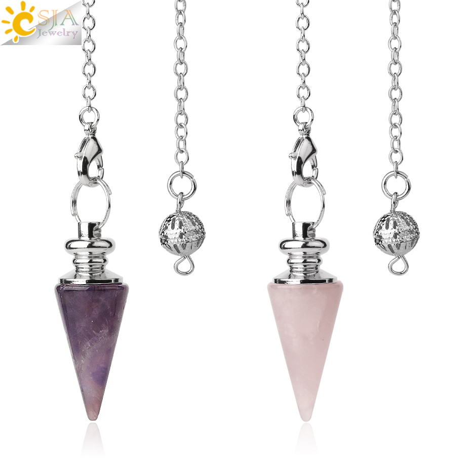 

CSJA Conical Pendulum Natural Stone Taper Pendulums Silver Color Chain Crystal Pendants for Dowsing Spiritual Reiki Healing Jewelry G491