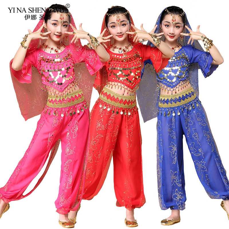 

Bollywood Outfits Belly Dance Children Costumes Set Girl Gypsy India Dance Wear Kids Clothes 5pcs Headwear Veil Top Belt, Royal blue 2pcs