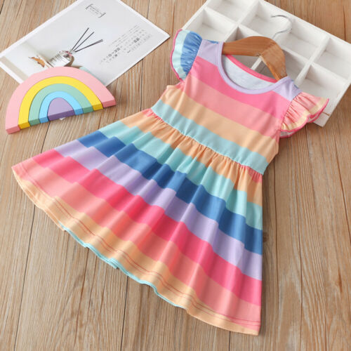 

Toddler Baby Girl Rainbow Stripes Dress 0-3Y Ruffles Sleeve Cute A-Line Mini Dress Party Clothes, As pic