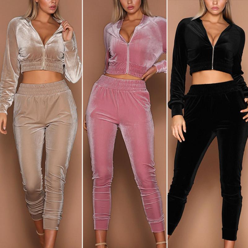 

Women Tracksuit Zipper Hoodies Sweatshirt Pants 2 Pieces Set Cropped Top Pullover and Trousers Suits, Multi