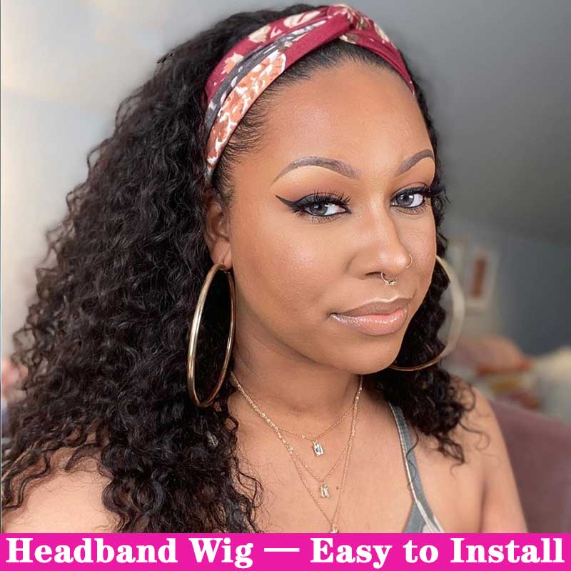 

Beaudiva Curly Hair Headband Wig Human Hair Easy Half Wig Peruvian Kinky Curly Headband Looks like REAL Natural, As pic