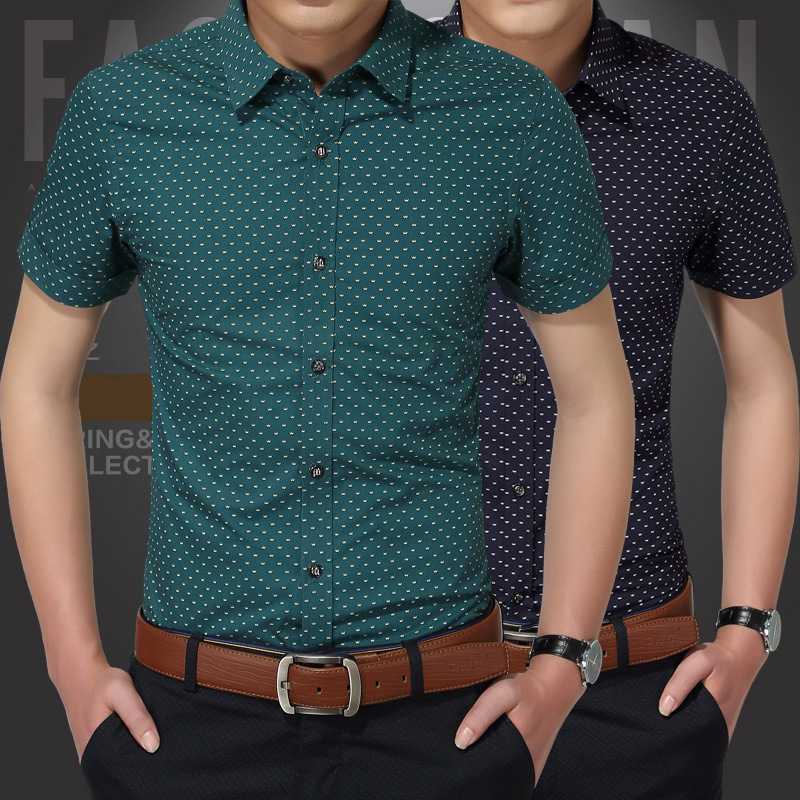 

Summer New Fashion Clothing Men Short Sleeve Shirt Polka Dot Slim Fit Shirt Casual Shirts Men Plus Size, Navy blue