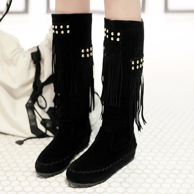 

Women Boots Warm Winter Long Boot Female Round Toe Low Heel Casual Shoes Fashion Ladies Soft Flock Slip Tassel Rivet Boots, Beige