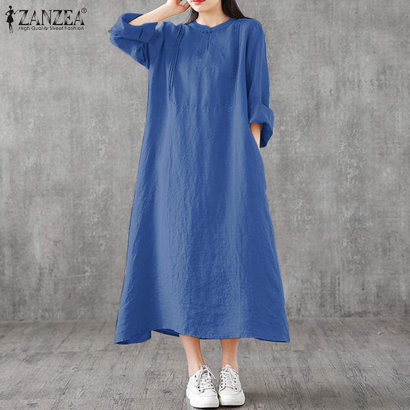 

Casual Long Sleeve Collared Side Pockets Midi Shirt Dress ZANZEA Women Cotton Plain Button Baggy Dresses Plus Size, Blue