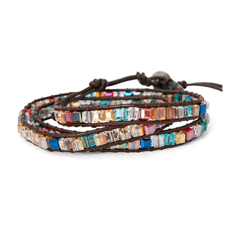 

Women Dazzling Handmade Rainbow Crystals Leather Wrap Statement Bracelet Collection