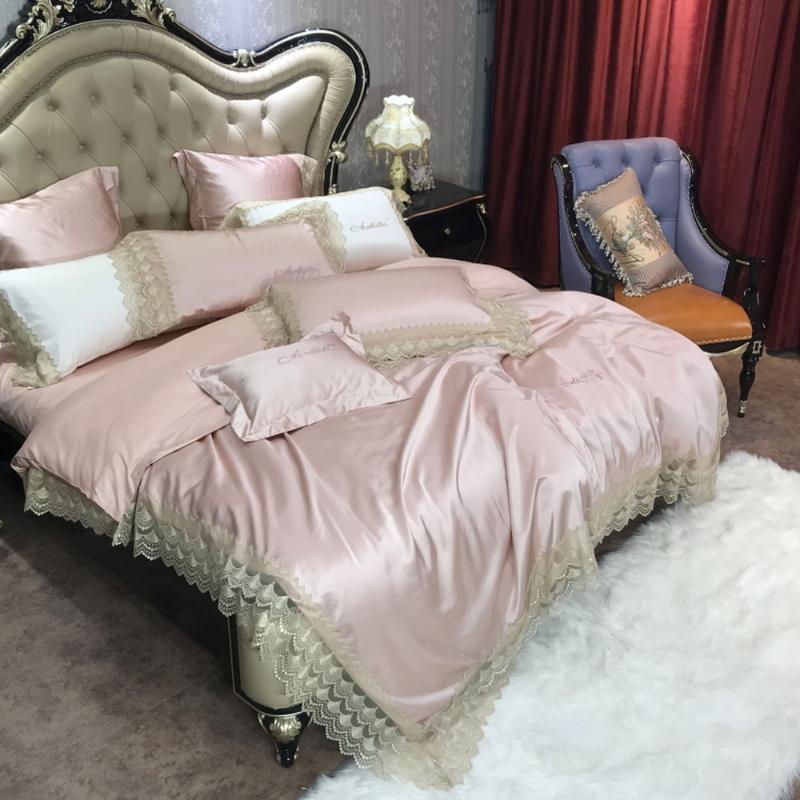 

New Luxury Pink 100S Egyptian cotton Tencel Silky Bedding set Queen King Noble Lace Edge Royal Duvet cover Bed sheet set Europe, Color 5