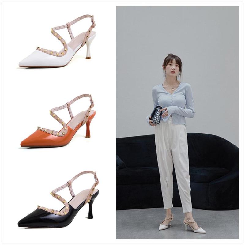 

Women Sandals Sexy Pointed Toe 2020 Summer New Style Genuine Leather High Heels Ladies Work Rivet Shoes Sandalia Mujer, Beige