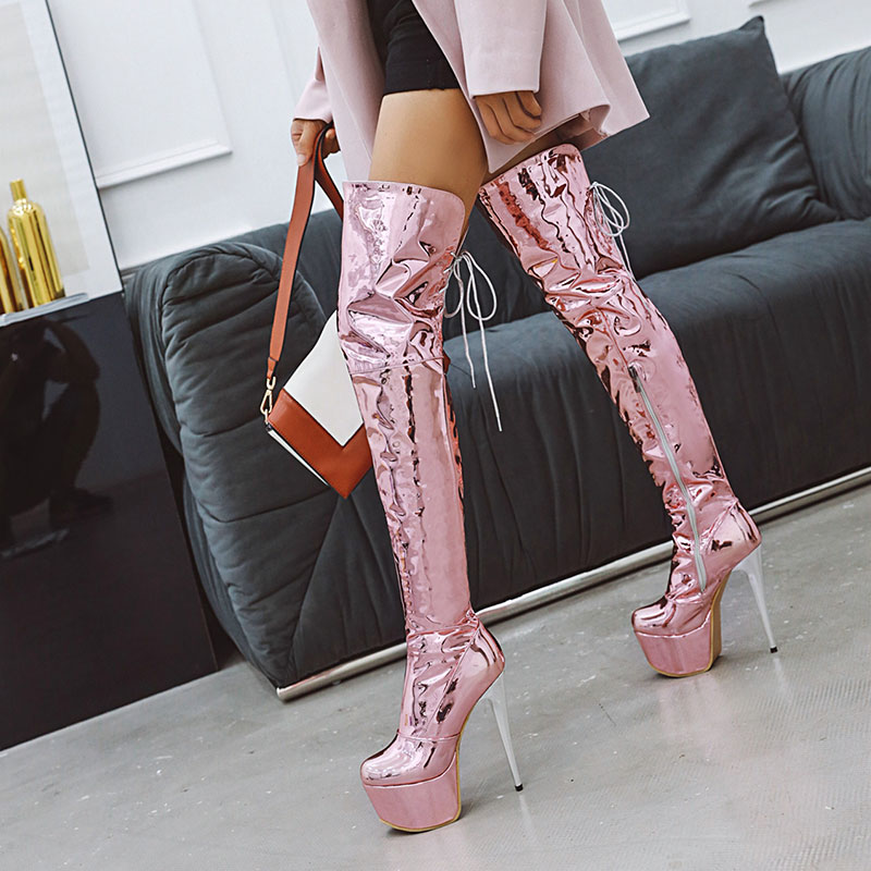 

Sgesvier Mirror Patent Leather Women Over The Knee Boots European Sexy Super High Heels Thigh High Boots Nightclub Evening Shoes, Gold