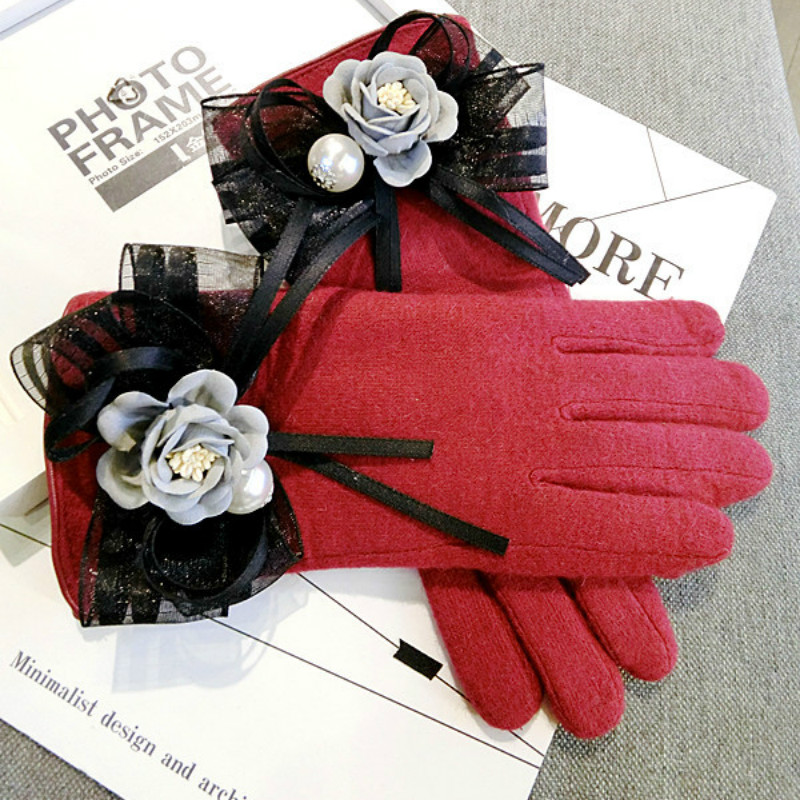 

New Korean touch screen gloves cashmere wool bow warm knitted women spring winter gloves thick red gray pink mittens