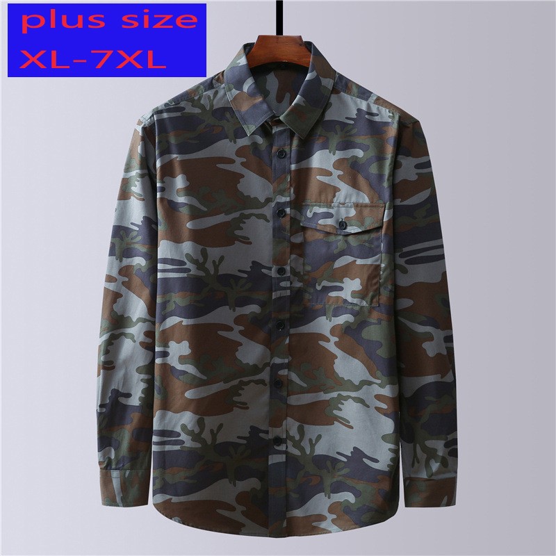 

New Arrival Fashion Super Large Spring Autumn Youth Men Camouflage Pure Cotton Oversize Casual Shirts Plus Size -4XL5XL6XL7XL, Pd188