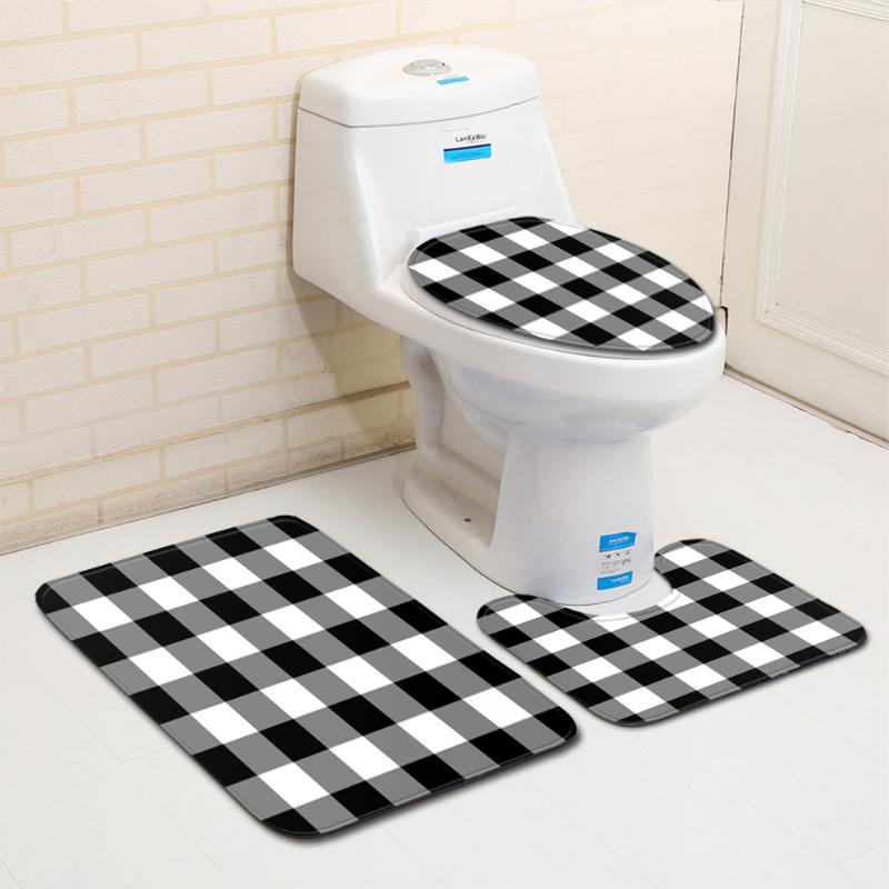 

3Pcs/set Bathroom Mat Set Simple White and Black Grid Anti Slip Bath Mat Coral Fleece Floor Mats Washable Bathroom Toilet Rug