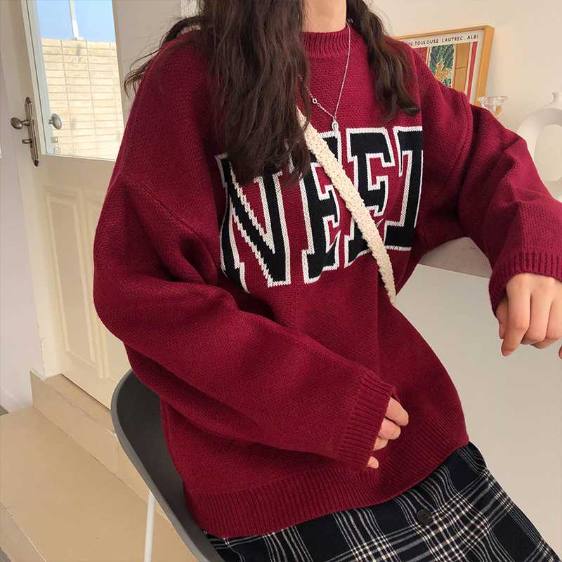 

Sweater Women's Fall/Winter New Style Lazy Wind Loose Round Neck Outer Wear Hedging Letters Knitted To Keep Warm Knitted Sweater, Red