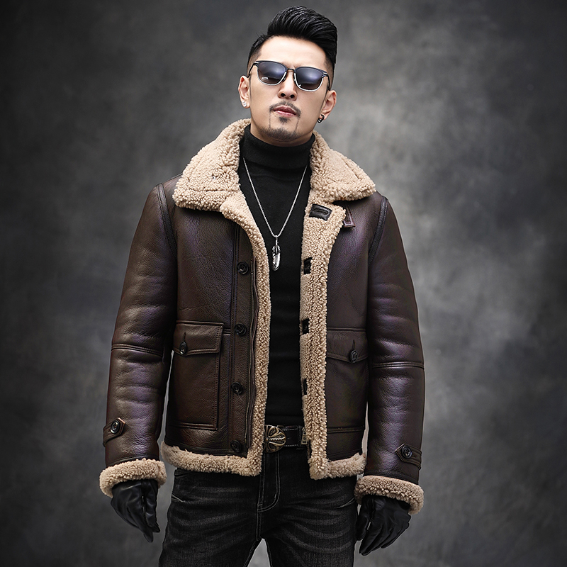 

Winter Genuine Leather Jacket Men Natural Sheep Fur Coat Shearling Motorcycle Jacket Raccoon Fur Collar RSJM1025 KJ3821, Without hood