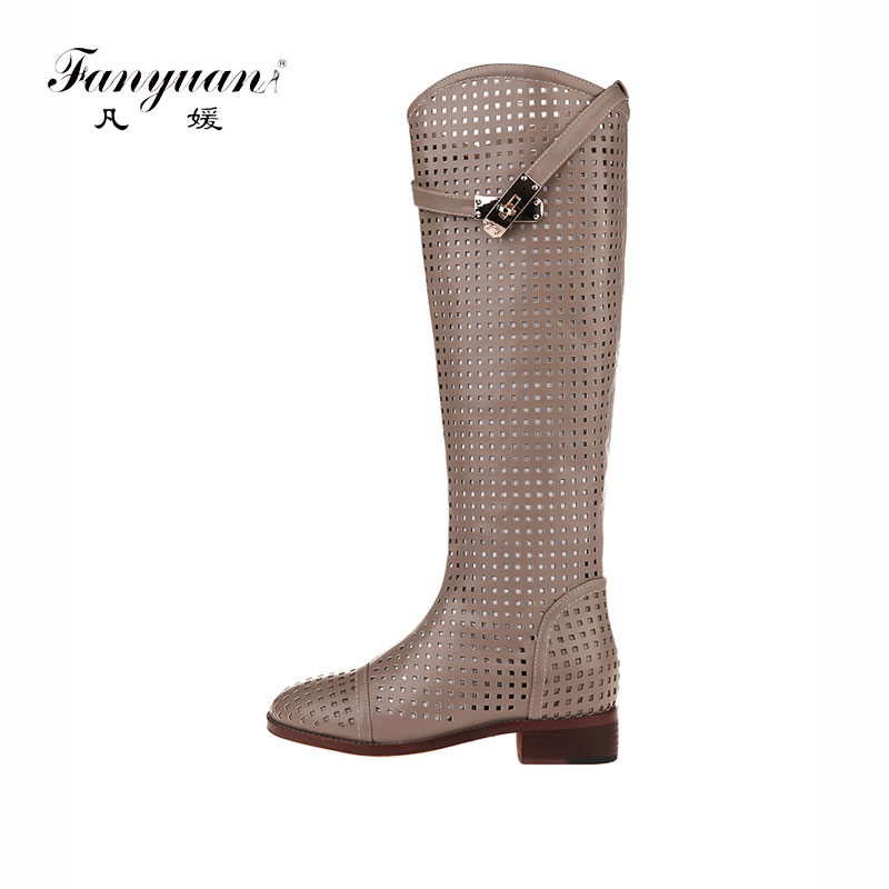 

Fanyuan New Fashion round Toe Women Knee High Boots Thick Heels Sexy Cutout Boots Summer Cool Women's Shoes Size 40, Khaki