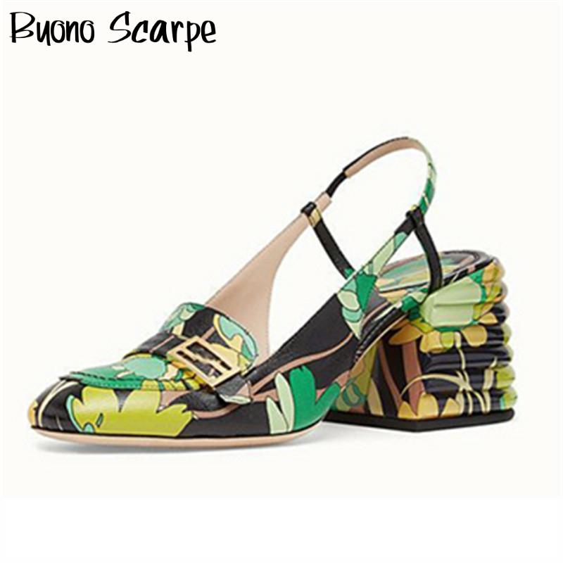 

Embossed Women Chunky Heel Sandals Printed Flowers Metal Decor Checkered Summer Shoes Ladies Designer Women Shoes, Blue