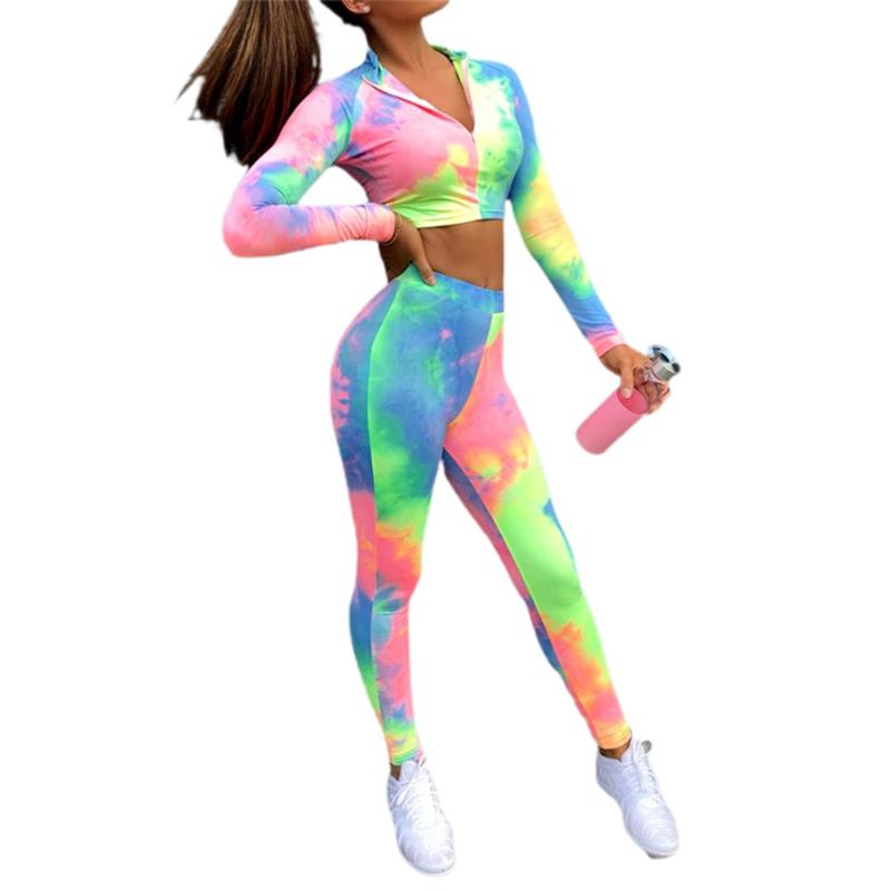 

2 Pieces Sport Suit Set for Women, Tie-Dye Print V-Neck Long Sleeve Crop Top+Trousers, Multi