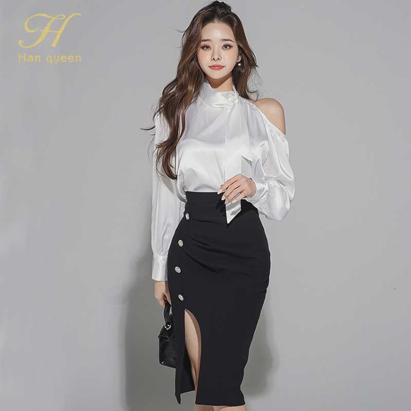 

H Han Queen Women 2020 Autumn New Work 2 Pieces Set Off The ShoulderBlouses & Split Sheath Pencil Skirt Korean Simple Skirt Suit, Photo color