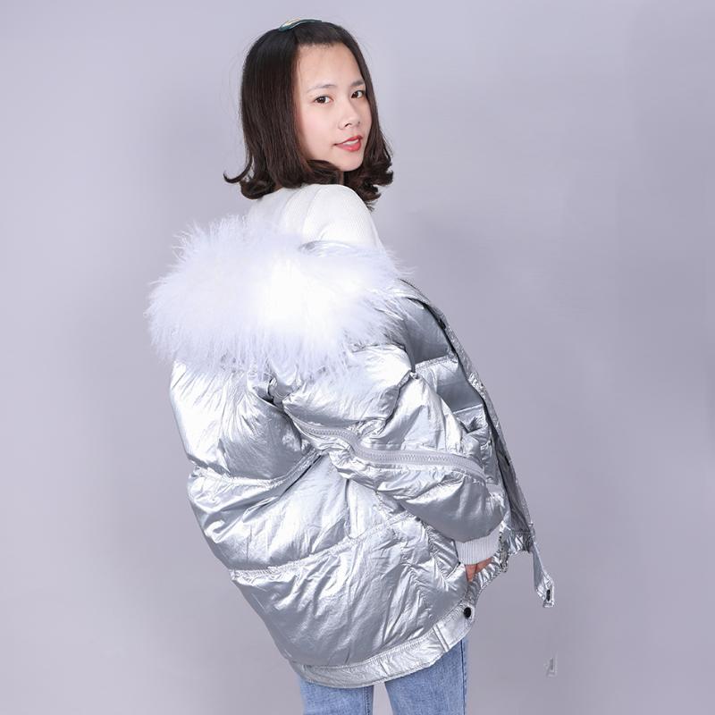 

Lambswool collar wool white duck down jacket women's jacket winter thick coat warm coat loose black silver shiny surface