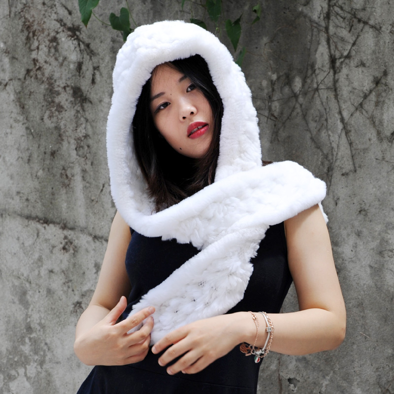 

CX-C-17E 2020 Fashion Women Hat Winter Hat With Scarf Rex Fur Cap, White