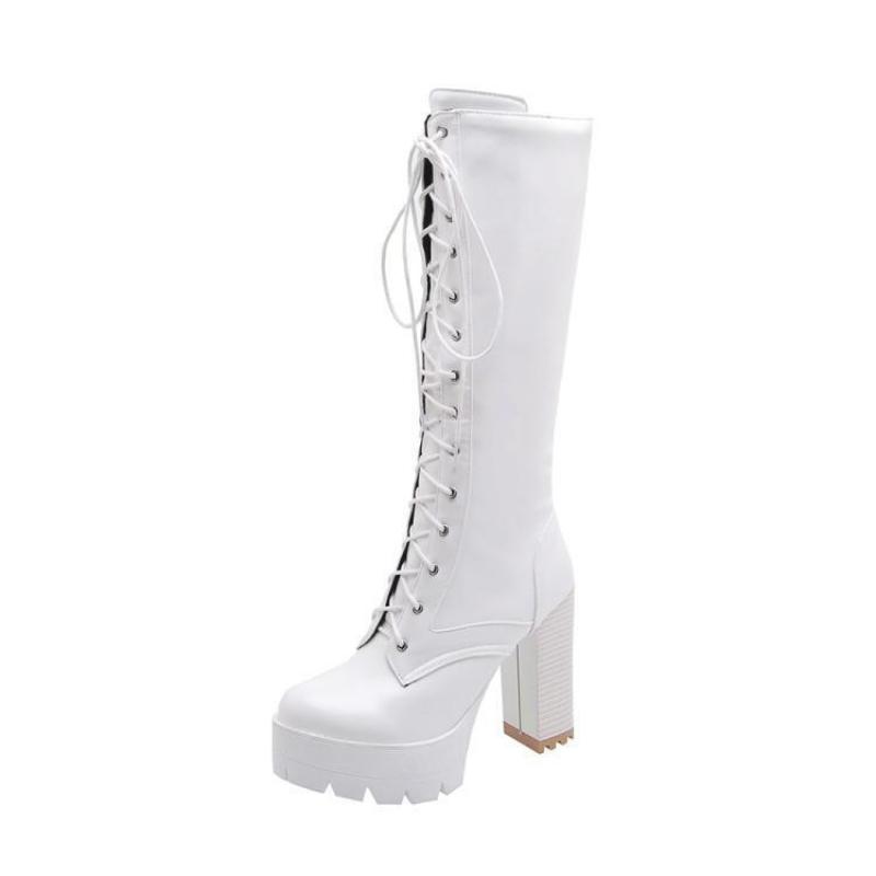

Long Boots Women White Black Winter Shoes Lace Up Thick Heels Knee Boots High Heels, Autumn boots